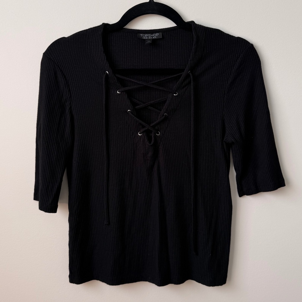 Topshop Ribbed Lace Up Top - Black